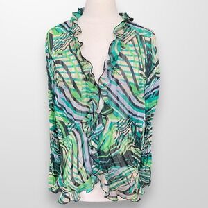 NY Collection Woman Size 2X Sheer Blouse Top Topper Ruffle Pleated Long‎ Sleeve